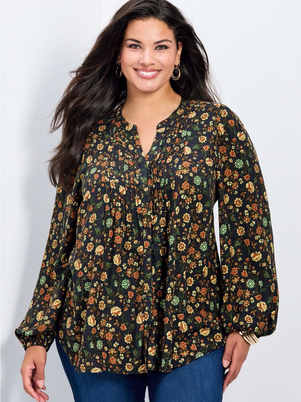 Avenue Plus Size Black Floral Pintuck Peasant Blouse